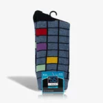 A pack of 3 Pair Boys dress Cotton Blend socks with colorful squares on them.