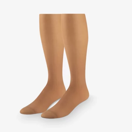 A pair of tan socks on a white background, Mod&tone 6 pack Basic Support Pantyhose 40 denier.