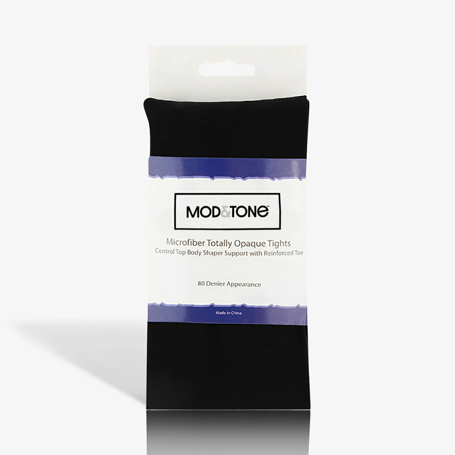A black package with the words 'Mod&tone 2 pack black Microfiber Totally Opaque Tights 80 denier' on it.